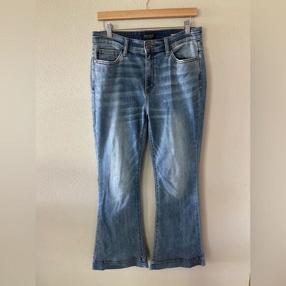 Judy Blue High Rise Trouser Flare Jeans Medium Stone Wash Stretch Size 11 / 30 - Picture 4 of 8